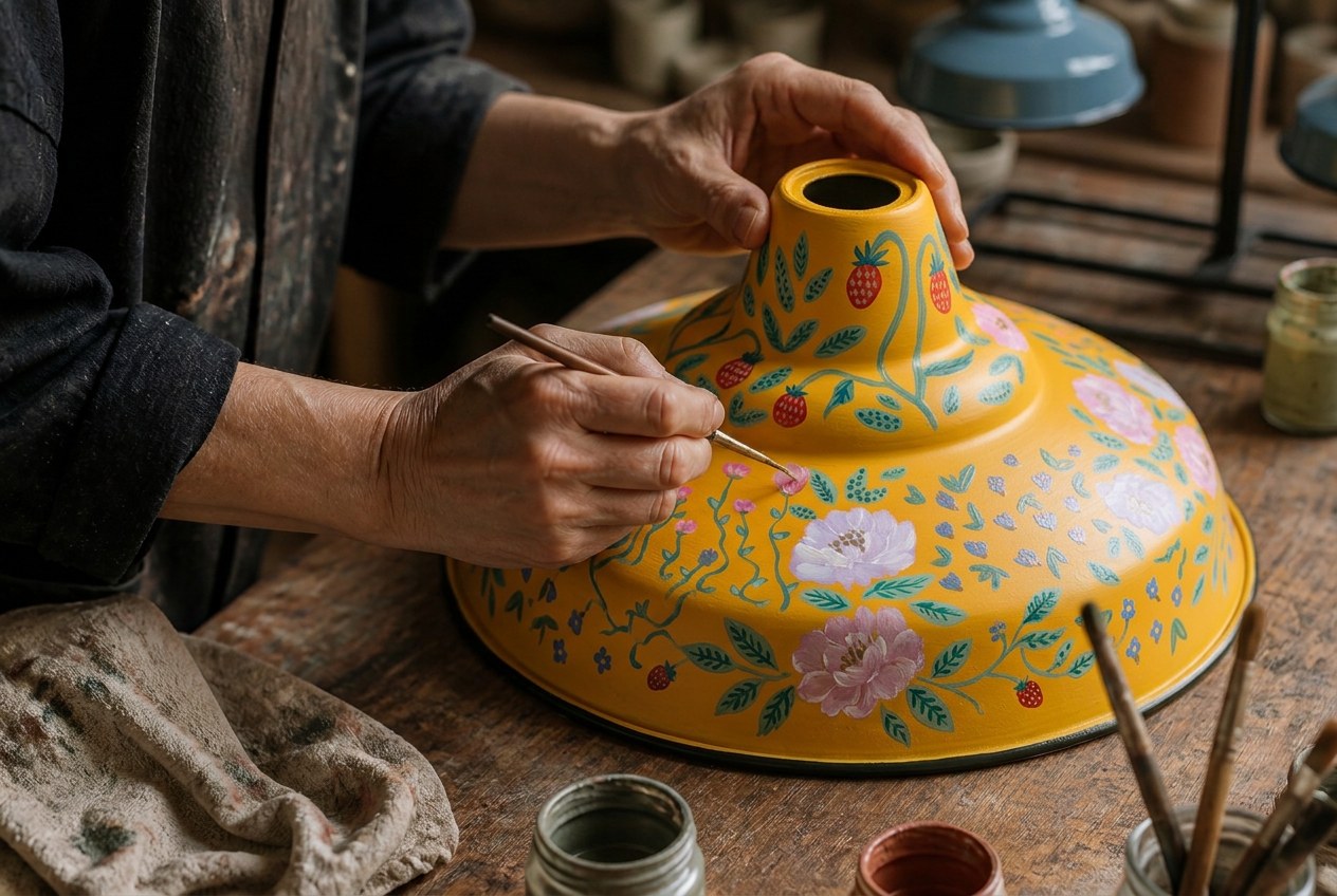 Hands painting botanical details on a metal lampshade