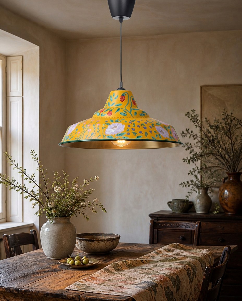 A hand-painted pendant lamp in a warm dining room